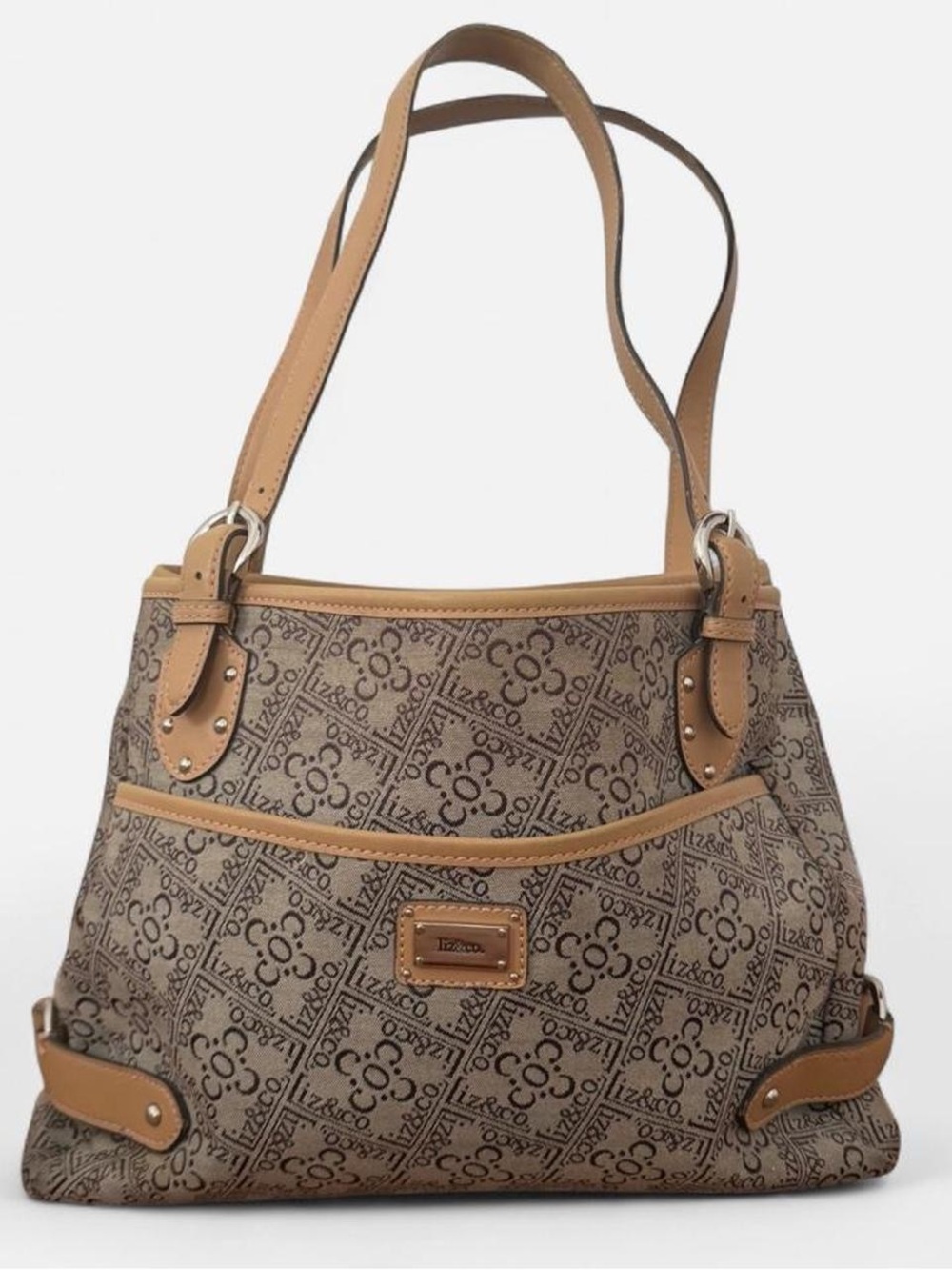 Liz & Co Monogram Shoulder Bag Purse Tan Brown Tote w/ Front Slip Pocket